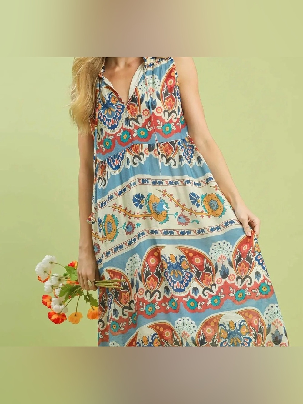 Umgee Colorful Paisley Midi Dress Boho Floral Romantic Enchanted Viscose Whimsy - Picture 3 of 14
